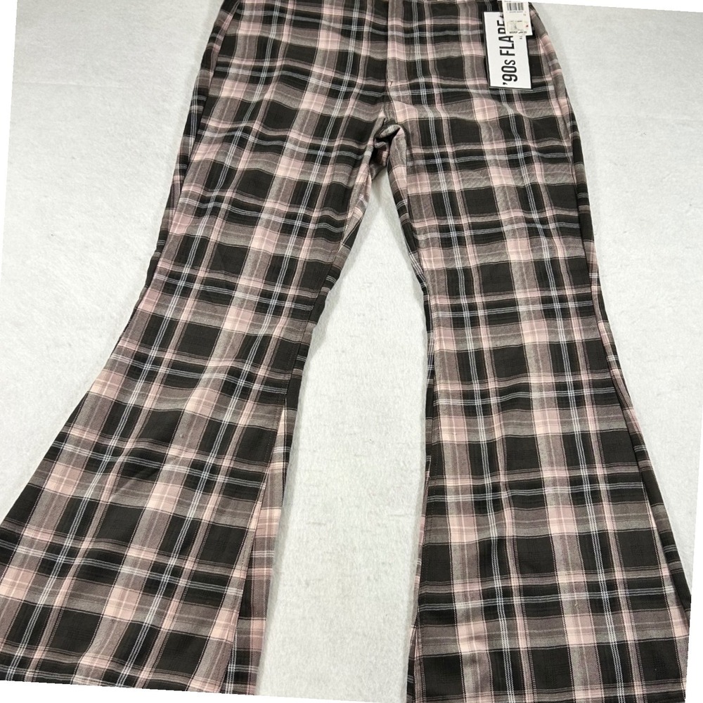 Almost Famous 90s Flare Pink Brown Plaid Pants Womens Size 11 Retro Trousers NEW